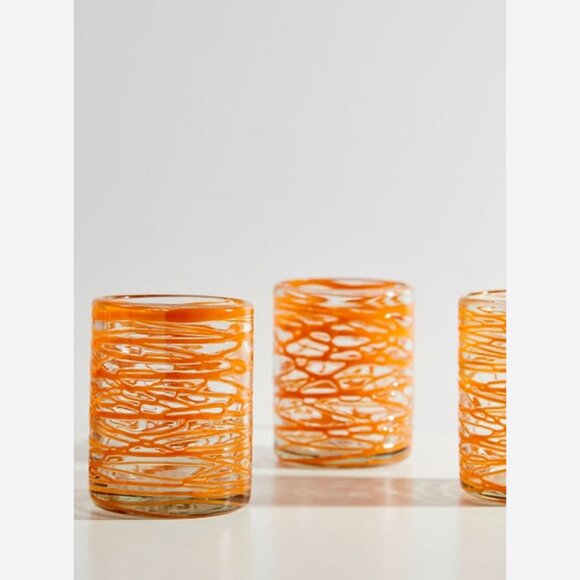 Handblown Mexican Orange Swirl Glasses – Set of 4 Artisan Recycled Glass - Picture 1 of 8